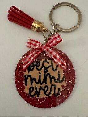 Best Mimi Ever Red Tassel Keychain with Red Gingham Bow